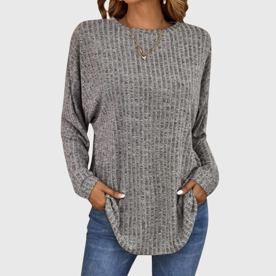Crew Neck Long Sleeve Ribbed Knit Curved Hem Top