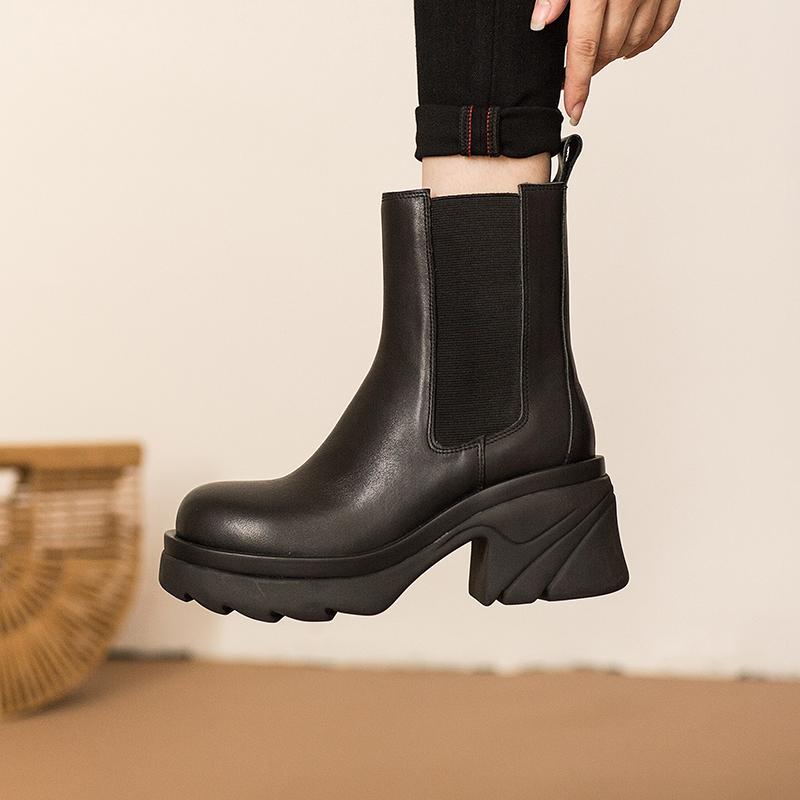 Colorful Sole Leather Chelsea Boots Designer Retro Chunky Riding Boots High Heel Handmade