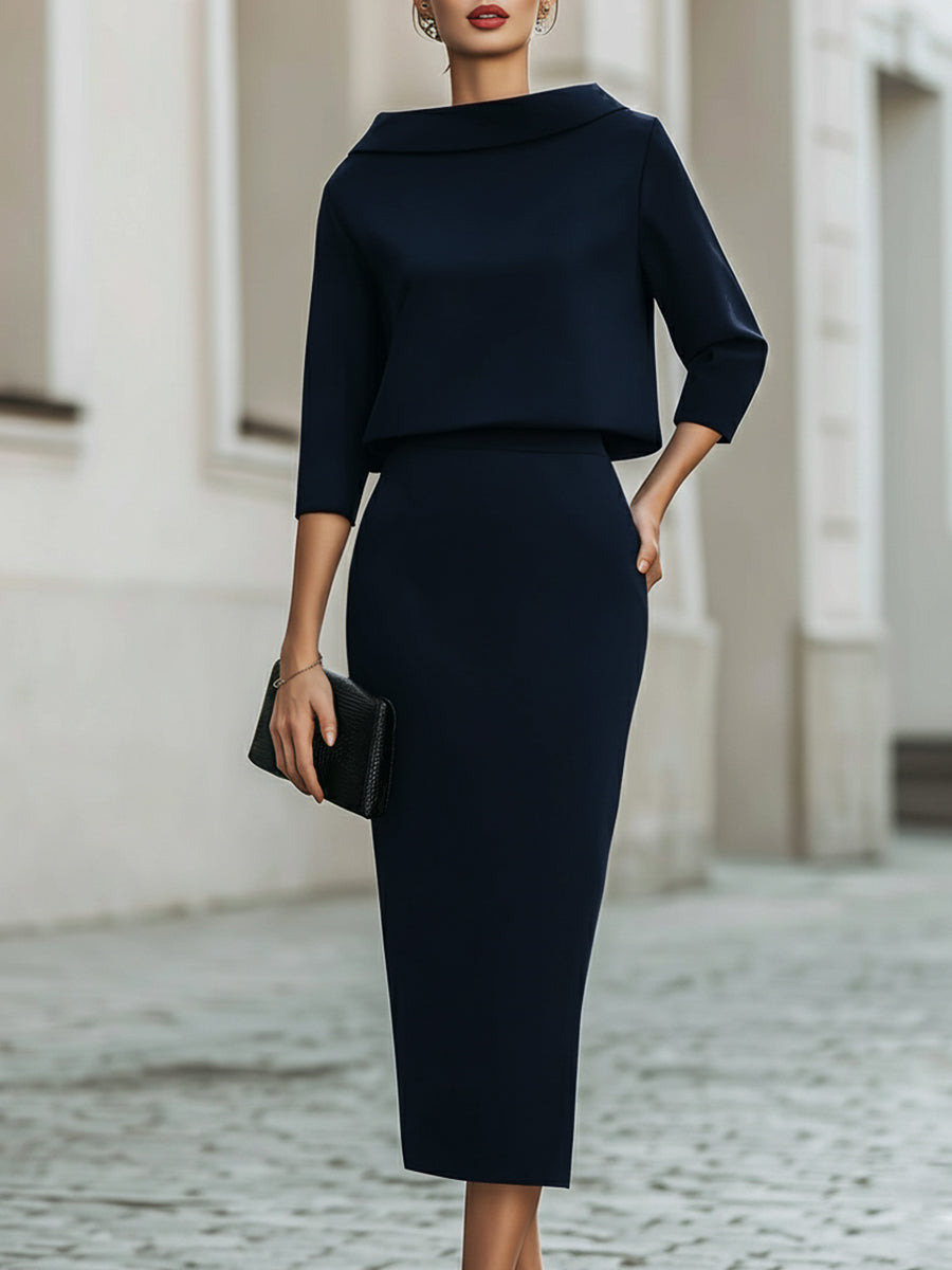 Cowl Neck Top and Straight Midi Skirt Two Piece Set