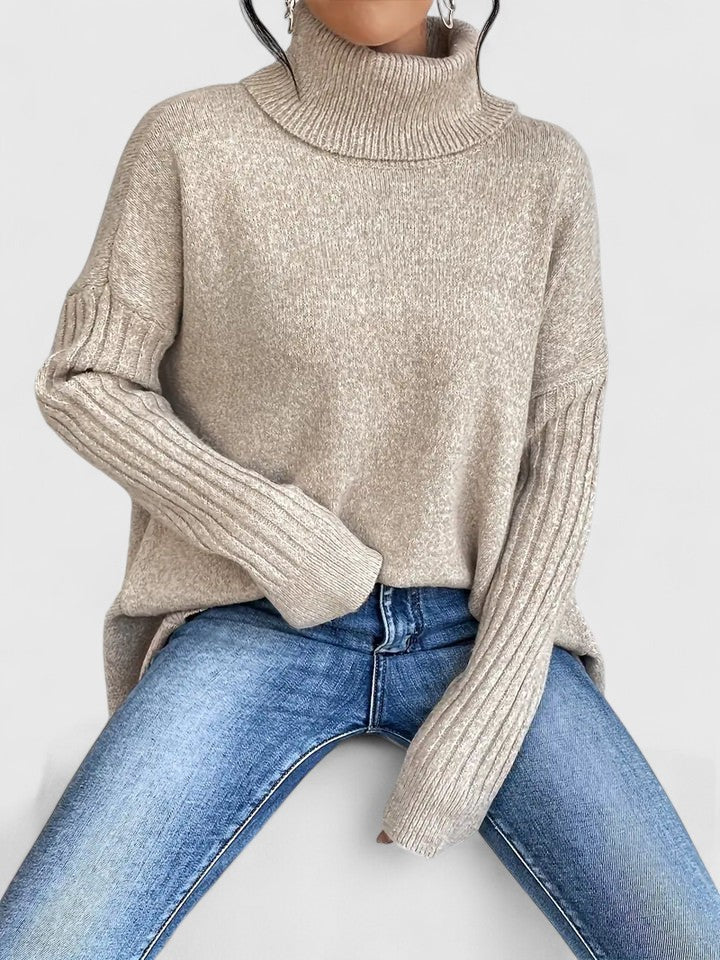 Turtleneck Drop Shoulder High Low Oversized Sweater