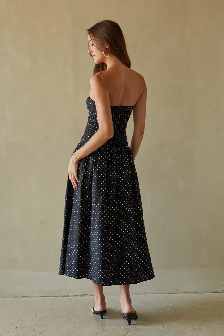 Polka Dot Strapless Drop Waist Gathered Midi Dress 6