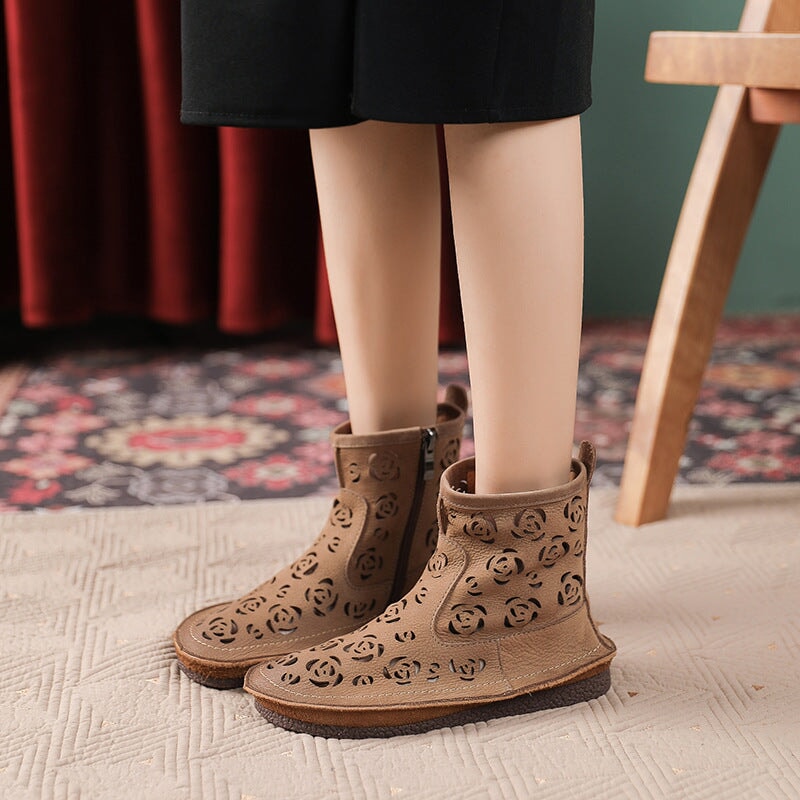 Cut Out Summer Boots Breathable Short Boots in Khaki/Coffee