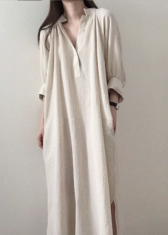 Mandarin Collar Split V-Neck Long Sleeve Side Slit Maxi Dress