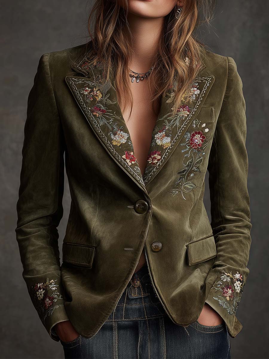 Embroidered Floral Velvet Single Button Blazer