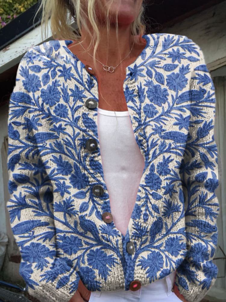 Round Neck Floral Print Button Front Knit Cardigan