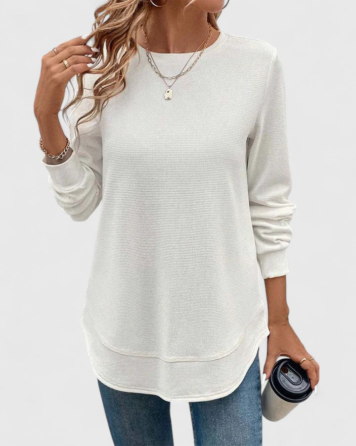 Crew Neck Long Sleeve Waffle Knit Curved Hem Top