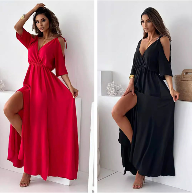 Deep V-Neck Wrap Tie Sleeve High Split Maxi Dress