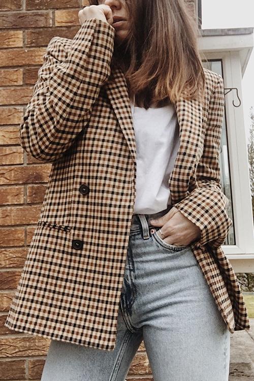 Plaid Button Long Sleeve Blazer