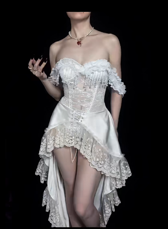 Off The Shoulder White Lace High Low Prom Dress Evening Party Dress