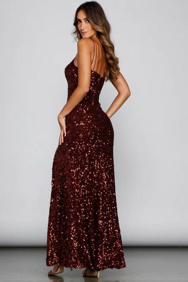 Sequin One Shoulder Pearl Beaded High Split Mermaid Gown