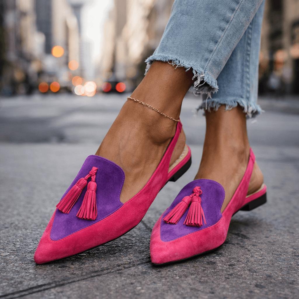 Pointed Toe Tassel Suede Look Slingback Flats