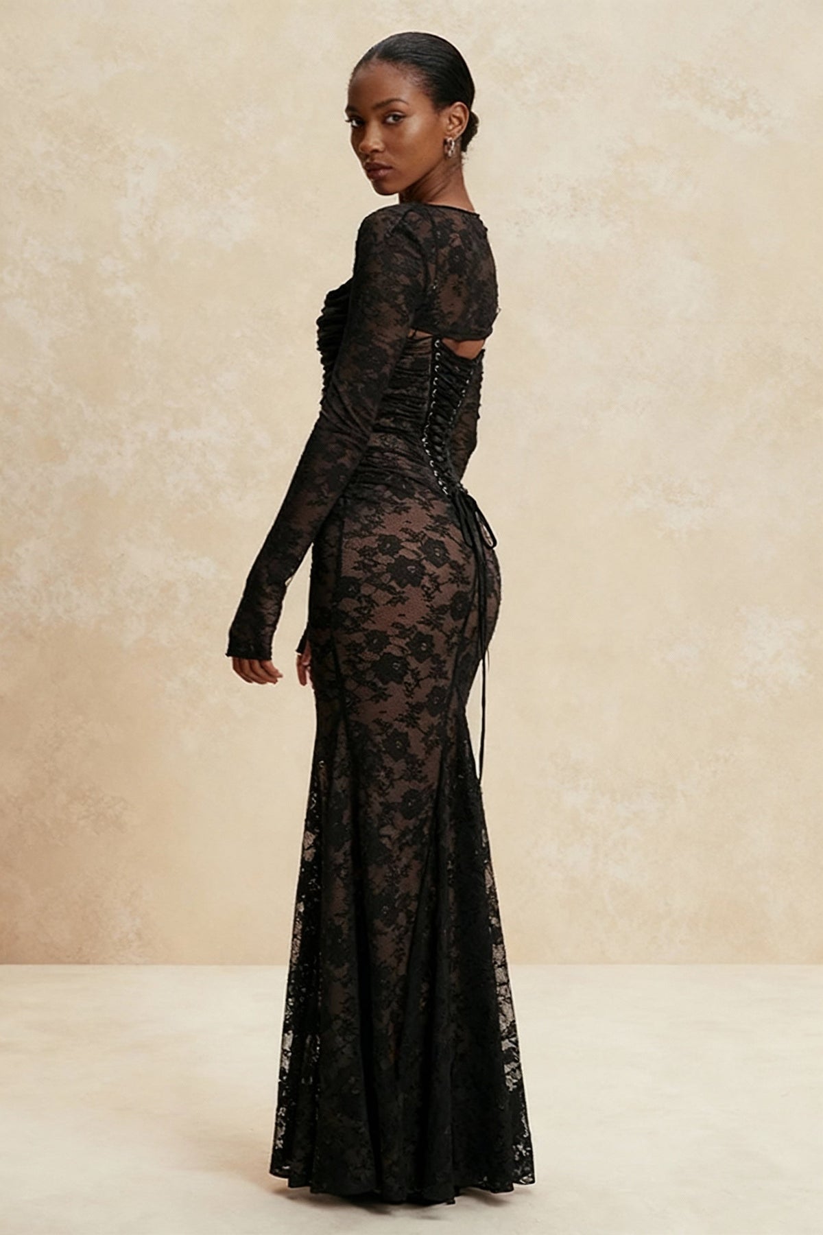 Floral Lace Square Neck Long Sleeve Ruched Bodice Scalloped Hem Midi Dress 4