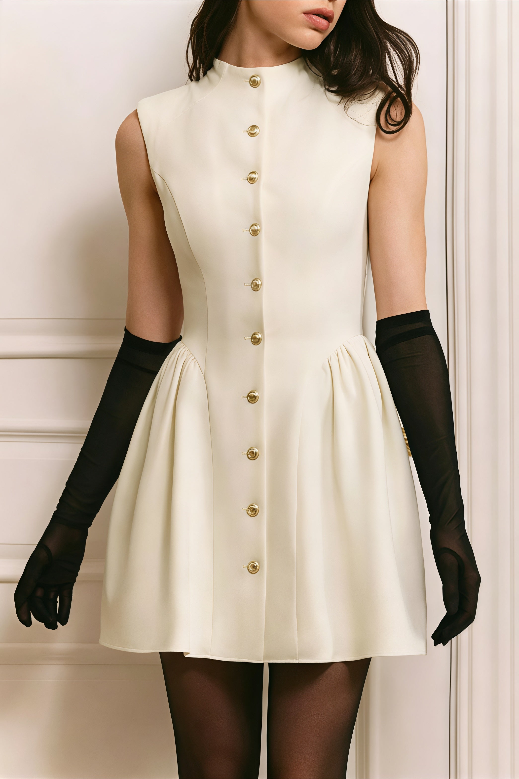 Mock Neck Button Front Pleated Fit and Flare A-Line Mini Dress