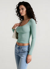 Y2K Solid Slim U neck Long Sleeve Crop Top