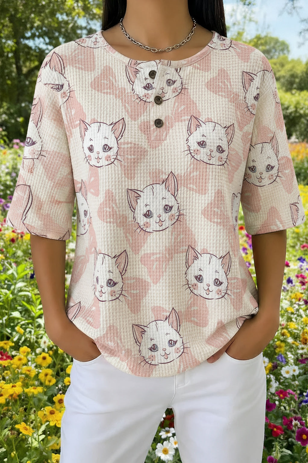 Womens Pink Gingham Cat Print Casual Shirt