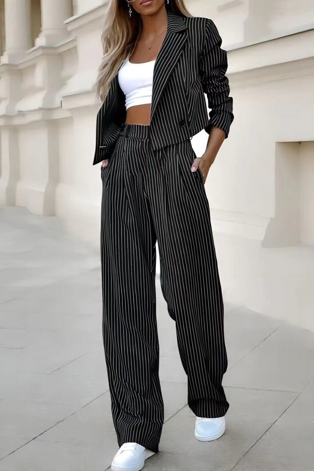 Casual Striped Cropped Two Piece Blazer Pants Set