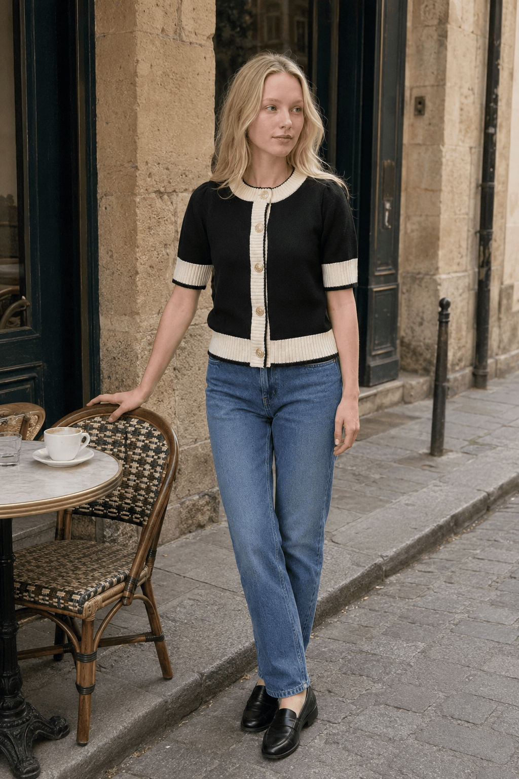 Black White Contrast Slim Cardigan