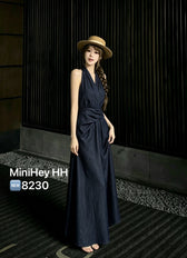 Denim Halter Neck Sleeveless Twist Waist Maxi Dress 3