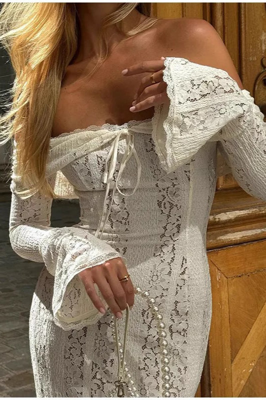 Lace Off Shoulder Tie Front Bell Sleeve Mermaid Maxi Dress 3
