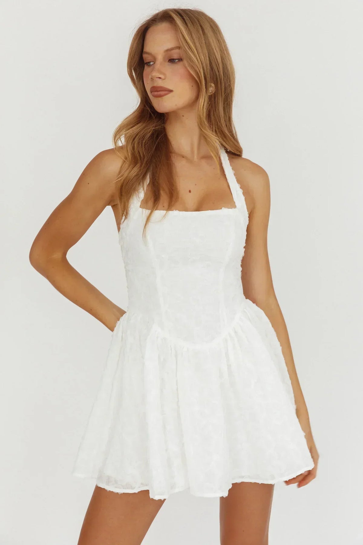 Floral Applique Square Neck Halter Fit and Flare Mini Dress 8
