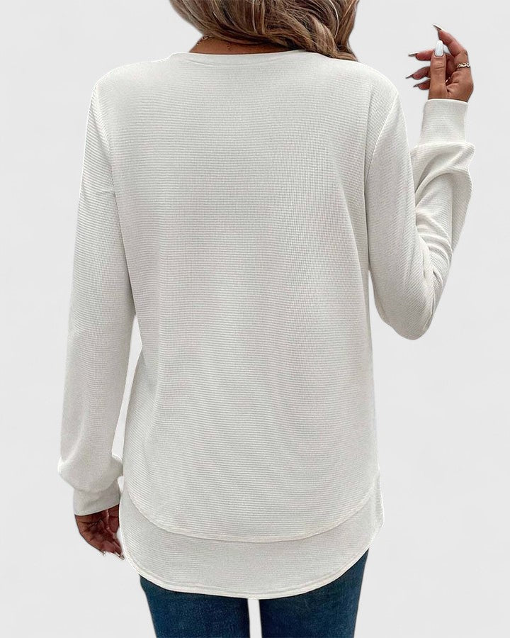Crew Neck Long Sleeve Waffle Knit Curved Hem Top
