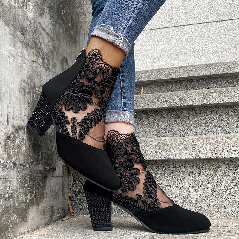 Floral Lace Mesh Rhinestone Block Heel Ankle Boots