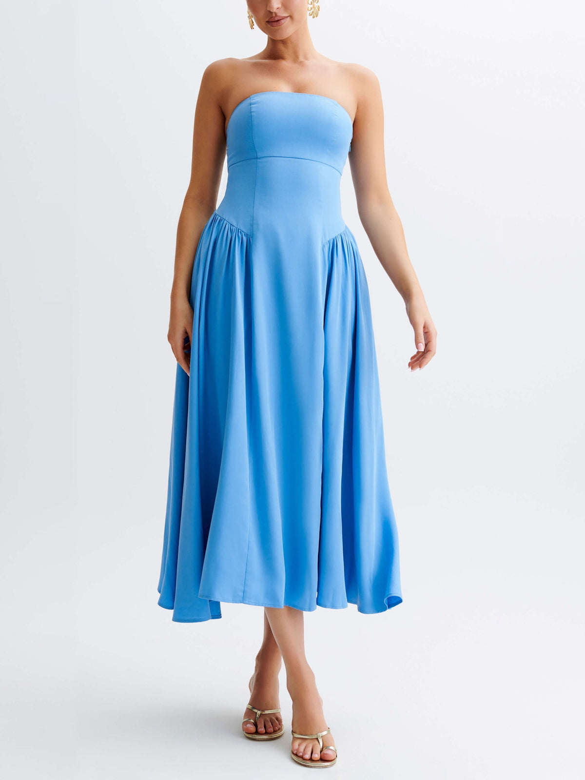 Strapless Drop Waist Gathered Fit and Flare Midi Dress