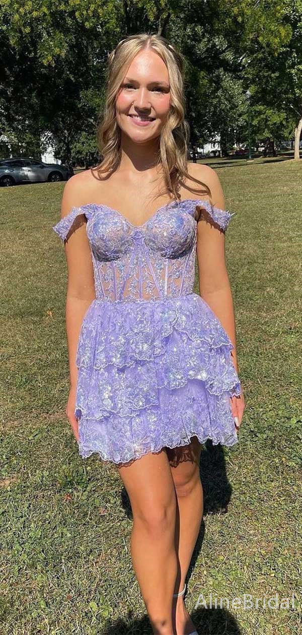 Lace Off Shoulder Sheer Corset Tiered Ruffle Mini Homecoming Dress 2