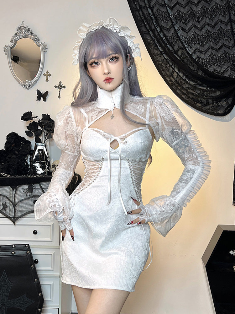Gothic Lace Mesh Flare Sleeve Shrug and Lace Up Bodycon Mini Dress Two Piece Set