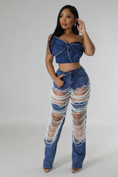 Large Ripped Chain Beaded Accent Straight Denim Jeans