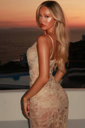 Lace Sheer Cowl Spaghetti Open Back Slim Lace Dress