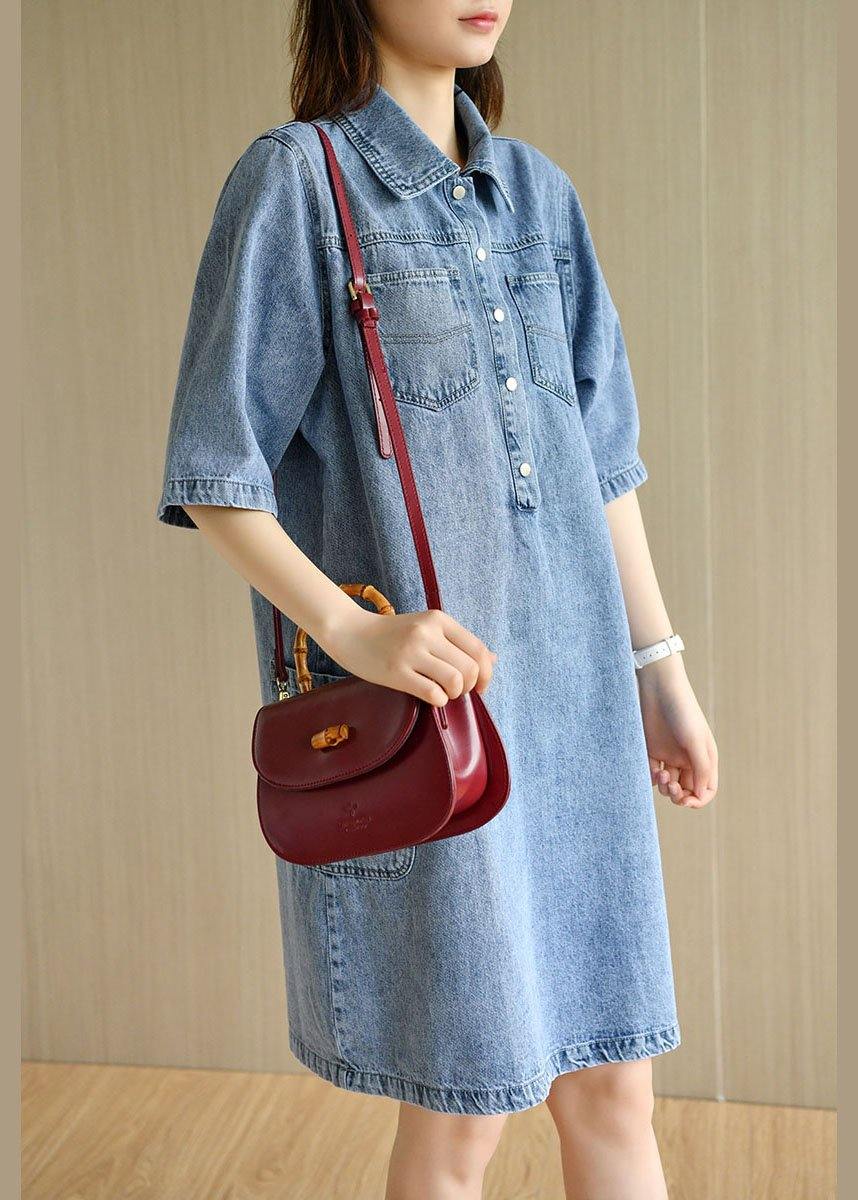 Denim Collared Button Front Patch Pocket Short Sleeve Shift Mini Dress