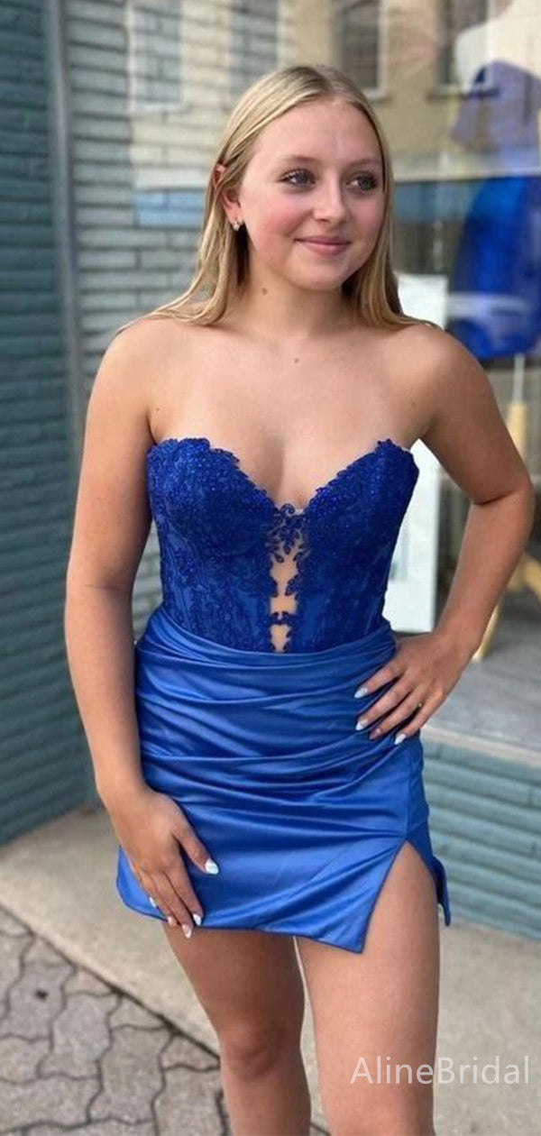 Lace Applique Sweetheart Strapless Ruched Side Slit Homecoming Dress 2