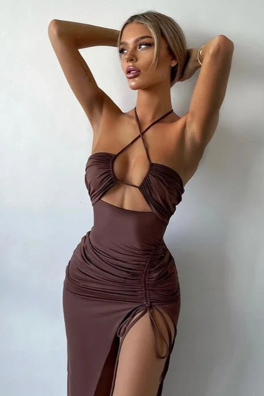 Alluring Halter Backless Cut Out Slit Maxi Dress