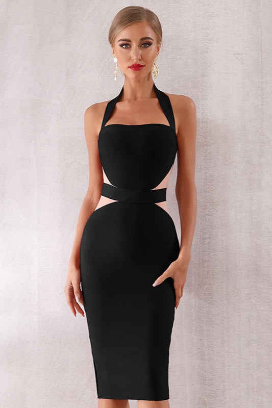 Halter Neck Mesh Panel Cut Out Bandage Bodycon Midi Dress 4