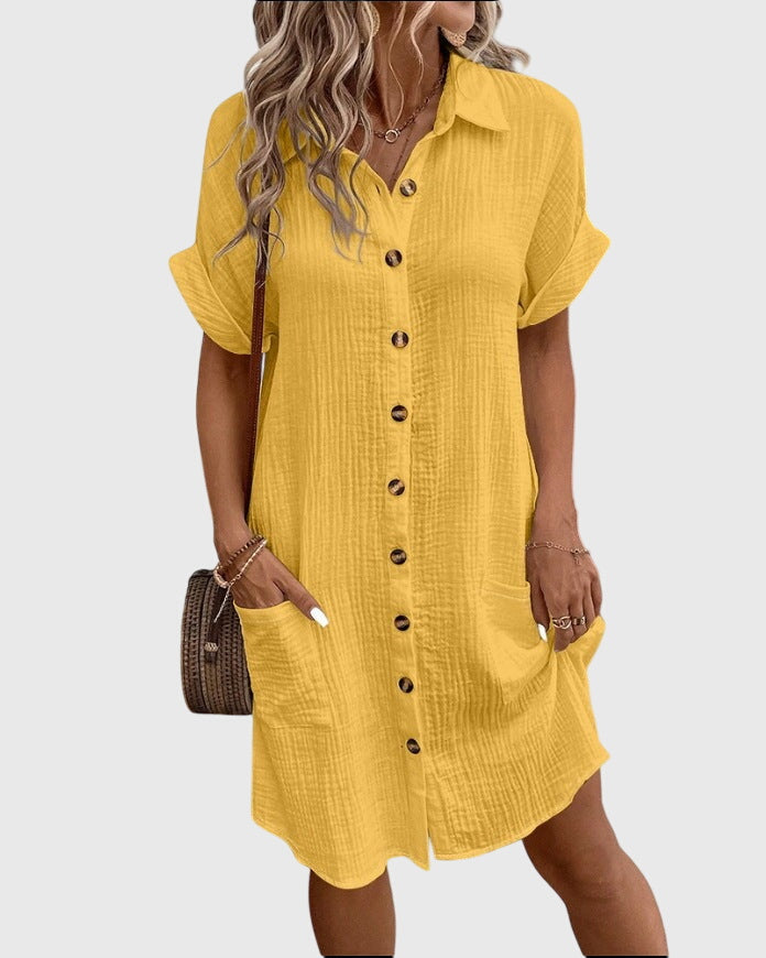 Button Front Short Sleeve Collared Pocket Shirt Dress
