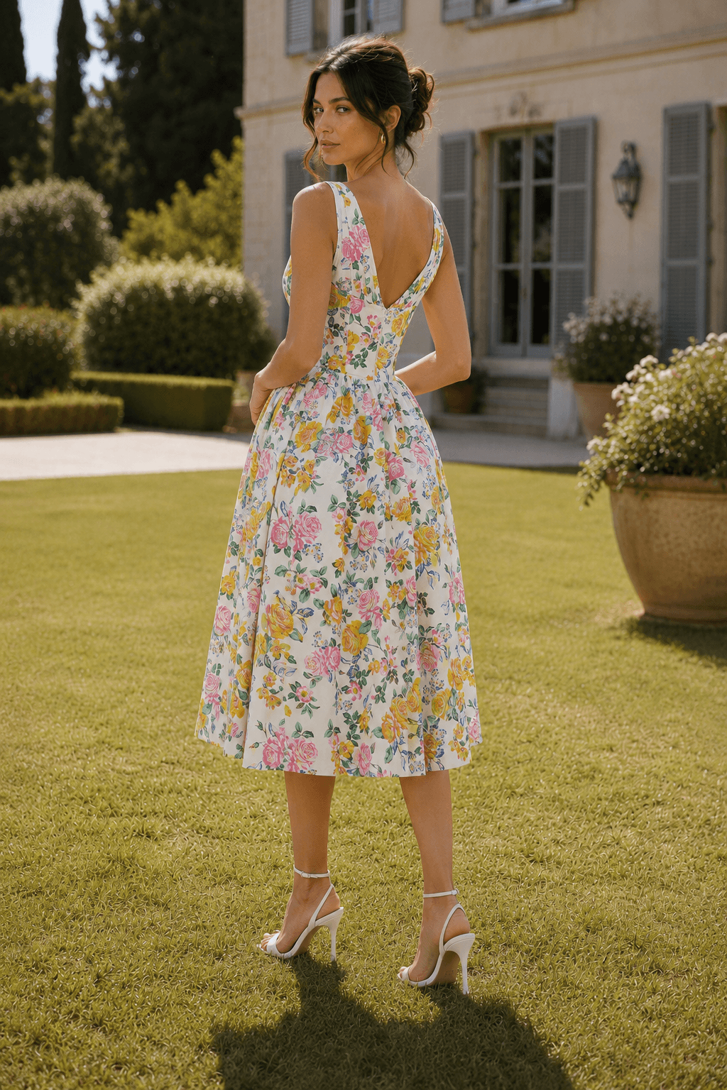 Spaghetti Strap V Neck Fitted Long Floral Dress