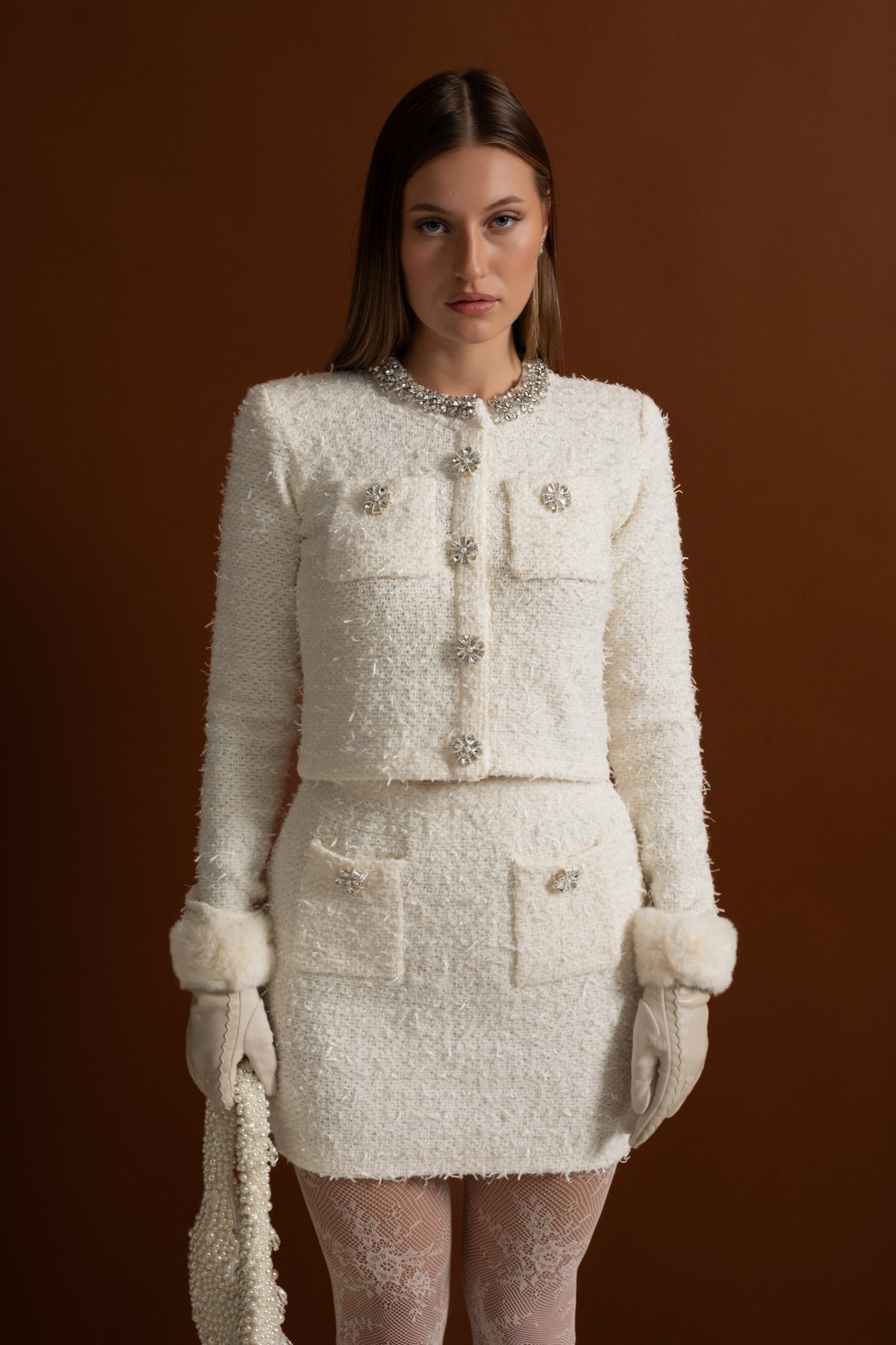 Tweed Mini Skirt With Crystal Buttons - White