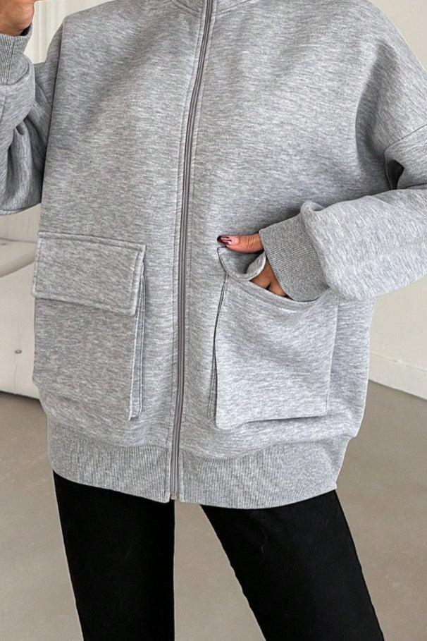 Stand Collar Zip Front Flap Pocket Oversized Bomber Jacket 2
