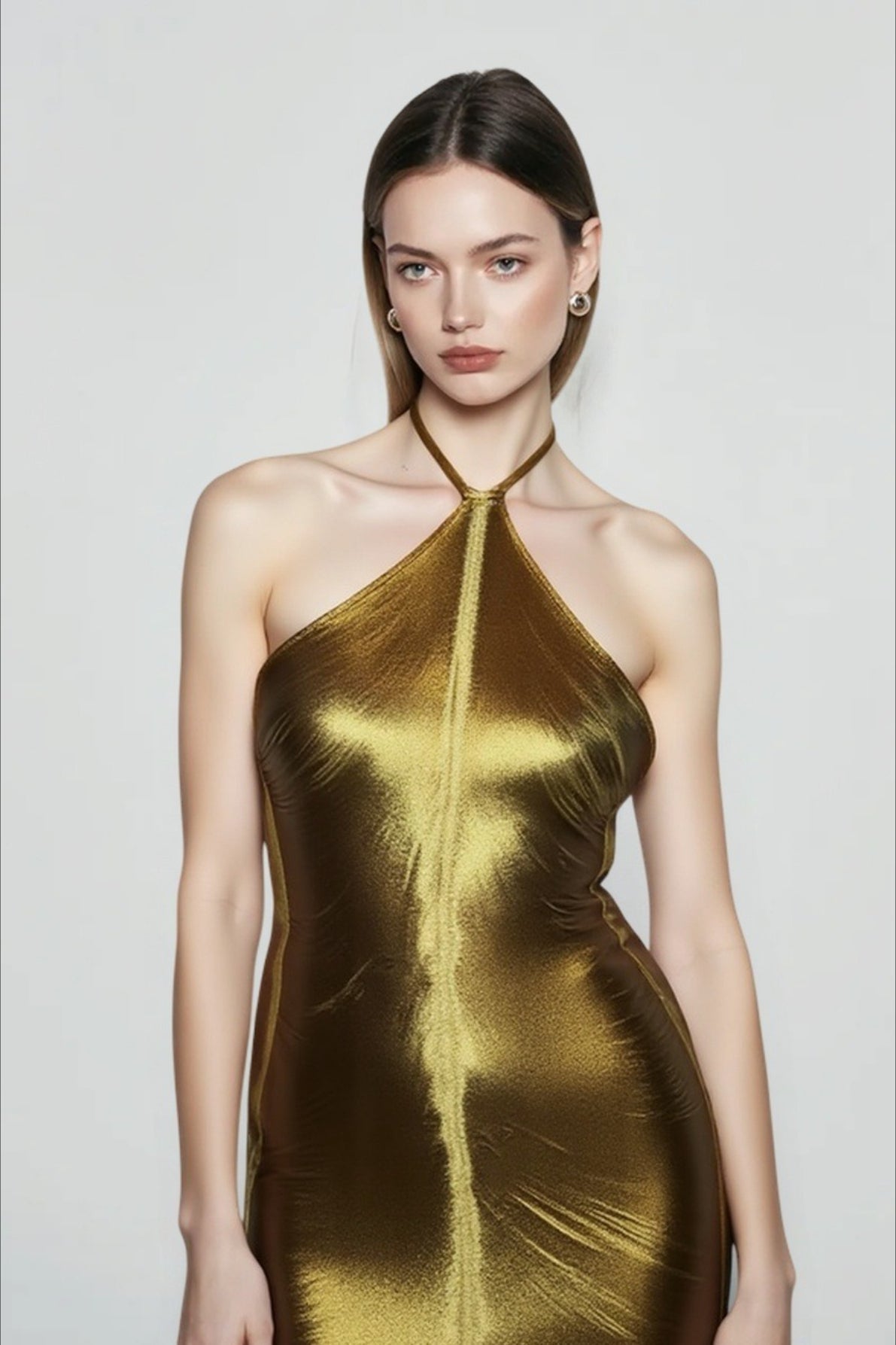 Metallic Halter Neck Sleeveless Center Seam Bodycon Dress