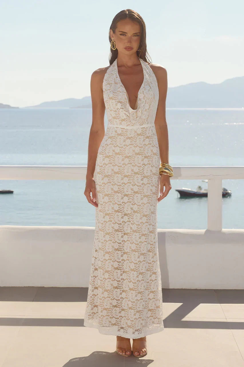 Lace Halter Neck Plunge Cowl Bodycon Mermaid Maxi Dress