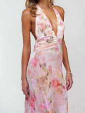 Floral Halter Neck Deep V-Neck Ruched Maxi Dress 5