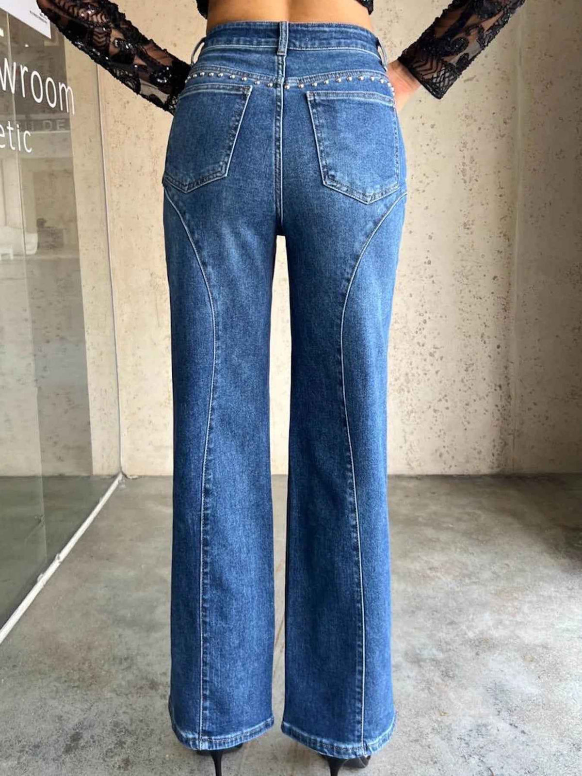 High Waist Studded Curved Seam Wide Leg Jeans 3