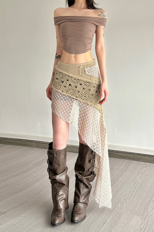 Crochet Lace Patchwork Asymmetric High Low Hem Wrap Skirt