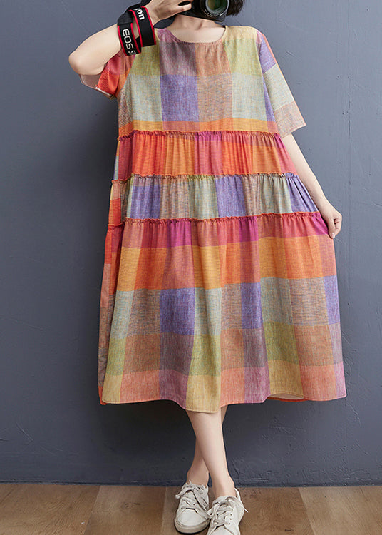 Plaid Print Crew Neck Short Sleeve Tiered Ruffle Oversized Midi Dress