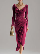 Velvet Cowl Neck Long Sleeve Ruched High Split Midi Dress 2