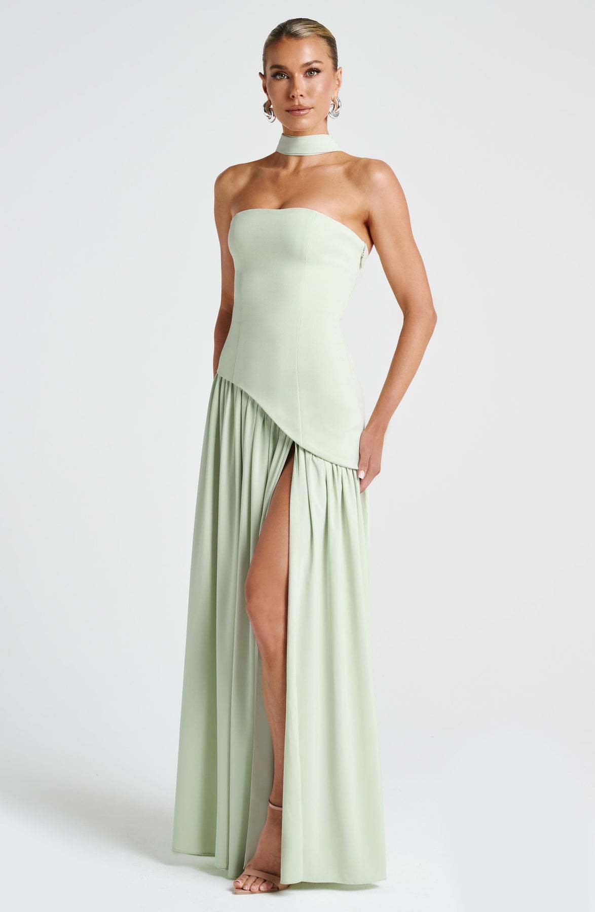Strapless Asymmetric Drop Waist High Split Maxi Dress with Scarf 32