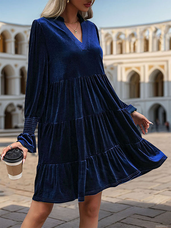 Velvet V-Neck Long Sleeve Tiered Mini Dress 18