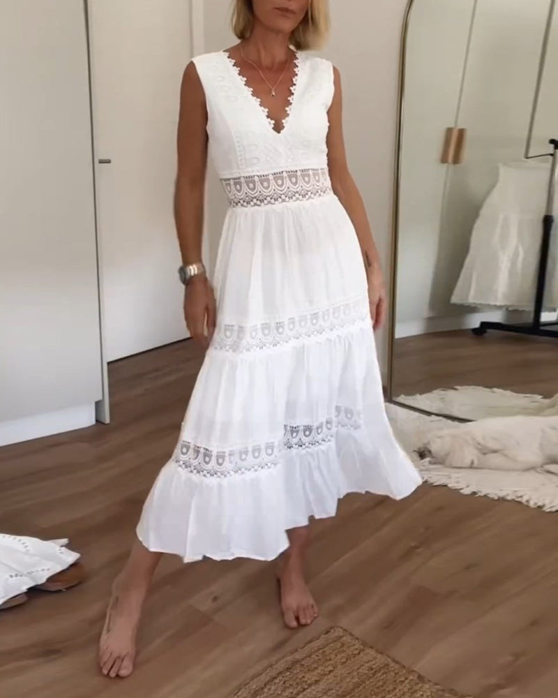 V-Neck Sleeveless Lace Trim Tiered Midi Dress
