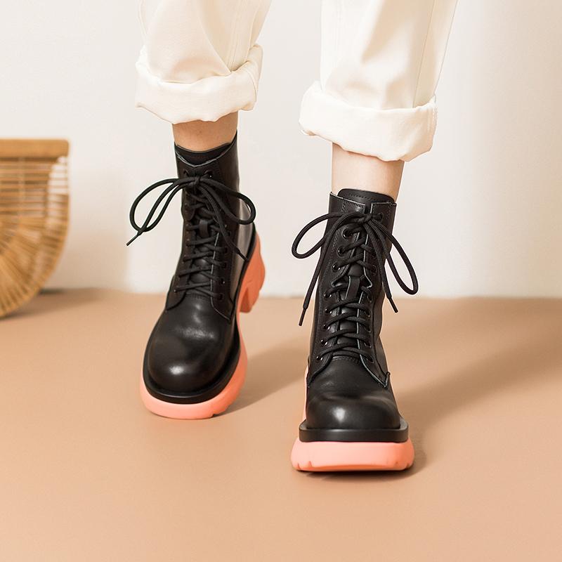 Colorful Sole Leather Boots Designer Retro Chunky Riding Boots High Heel Handmade